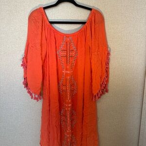 Orange Embroidered Midi Dress